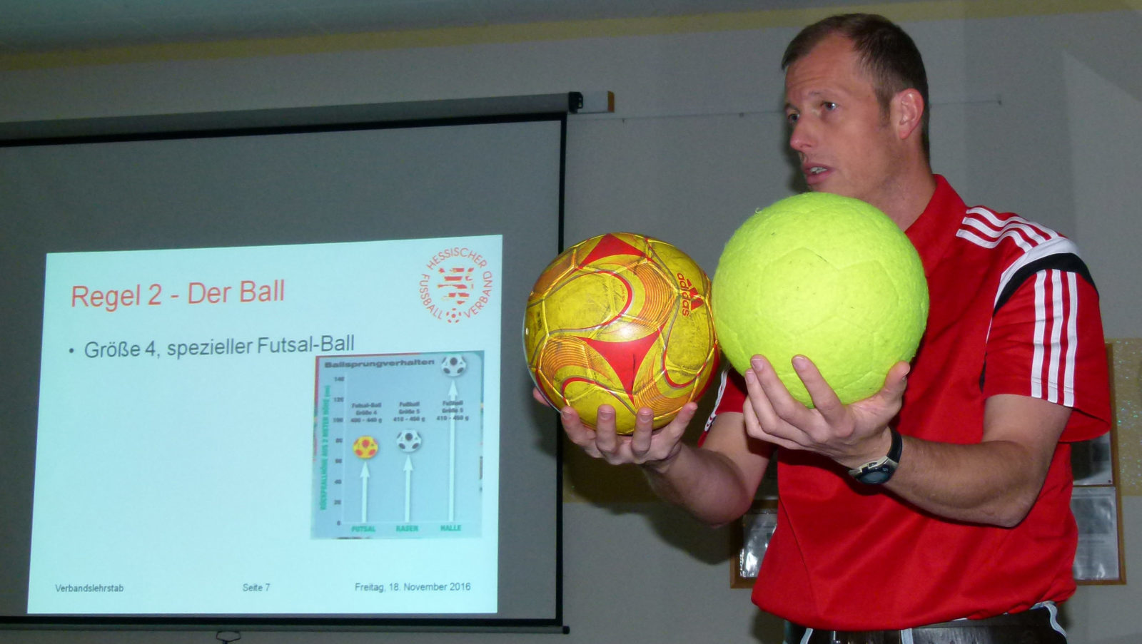 Fachkundiger Referent: Volker Höpp - Mitglied des Verbandslehrstabs - gab den Dill-Schiris im AWO-Mehrgenerationenhaus eine umfangreiche Einführung in die Futsal-Regeln. (Foto: Spahn)